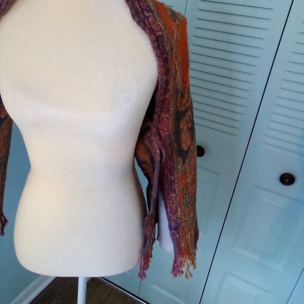VTG PUTUMAYO 100% WOOL MADE IN INDIA PAISLEY BOHO SHAWL FRINGE ARM HOLES CRINKLE - Picture 4 of 8